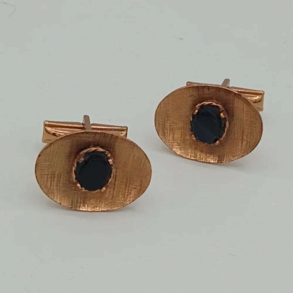 Onyx Center Copper Plated Cufflinks Midcentury Vintage